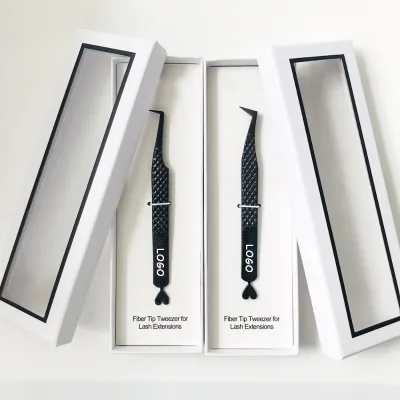 Fiber Tip Tweezers Silver Diamond Tip 45 90 Degree Curved Eyelash Extension Tweezer With Custom Logo