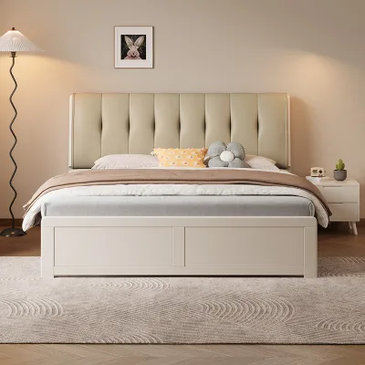 Modern Simple Double White Wooden Large Bed Frame with Storage Queen and King Size for Hotel Bedroom Furniture Solid Wood Bed