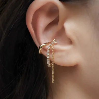 18K Gold Zircon Tassel Chain Ear Clip Layered Vintage No Ear Hole Bone Clip Simple European American Cross-border Earrings