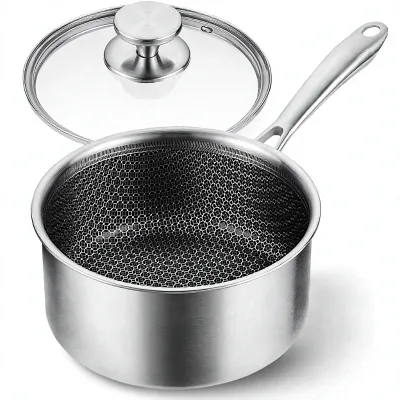 Premium Luxery Tri-Ply Etching Stainless Steel Sauce Pan with Glass Lid Non-Stick Honeycomb Interior Gas and Induction Stove