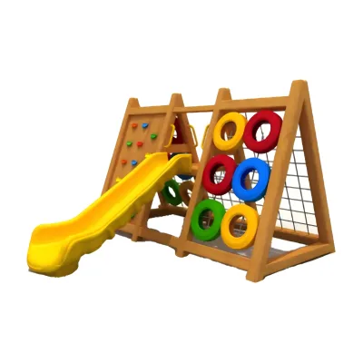 Compact Wooden Kids Outdoor Playground with Slide Rock Climbing Wall and Colorful Rings Climbing Frame