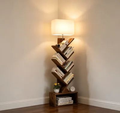 Hot-sale Wooden 6-Tier Tree Bookshelf Rustic Narrow Bookcase Tower Wooden Storage Drawer with LED Light