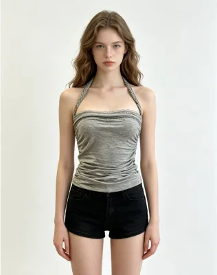Women Gray Knit Halter Top Braided Strap Rhinestone Decor Lace Trim Ruched Sleeveless Cami Top Ladies Casual Daily Tank Top