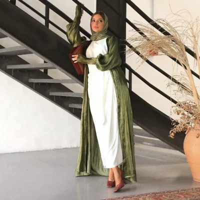 MQ053 Dubai Arabian Satin Cardigan Robe Summer Casual Modest Muslim Outer Wear with Mushroom Button Sleeves Woven Solid Pattern