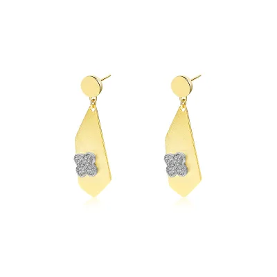925 Sterling Silver Gold Plated Round Four Leaf Clover Zircon Irregular Geometric Earrings