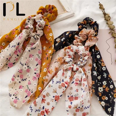 Long Tail Fabric Hair Ties Girls Hair Accessories Flower Elastic Hair Bands Ponytail Holder Elegant Floral Scrunchies for Women