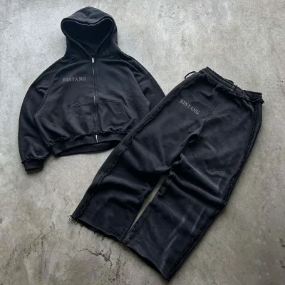 OEM Men's Vintage Style Digital Printed Windbreaker Hooded Tracksuit 100% Cotton 500gsm Knitted Fabric Breathable Winter Regular