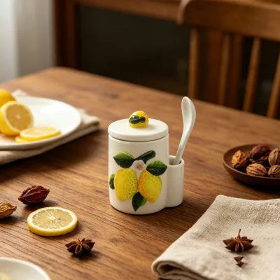 Ceramic Sugar Bowl with Lemon Pattern and Spoon Holder for Kitchen Tabletop Sugar Storage Container