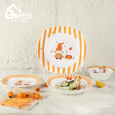 Harvest Festival Promotion Pumpkin Design White Opal Glass Dinnerware Set Customized Decal Opal Glass Dinner Set Tableware Dish