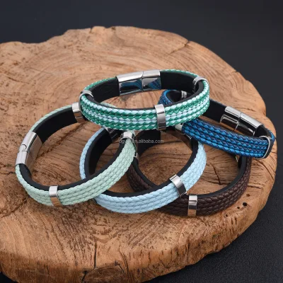 Vintage Woven Leather Bracelet Wristband Fashionable Leather Bracelet for Men Engraved Clasp
