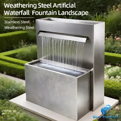 High Quality Modern Rectangle Stainless Steel Outdoor Garden Water Fountain Wall Mount Installation Polished Finish-Blue