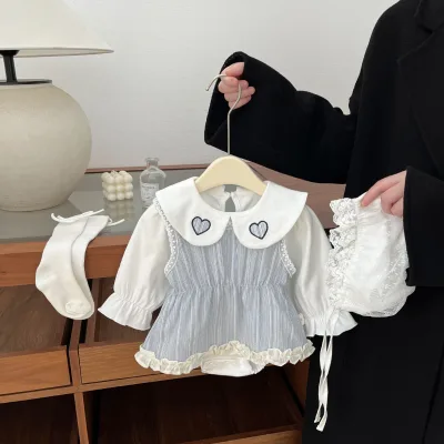 Girls' Spring Solid Cotton Two-Piece Set New Cute Stylish Korean Style Doll Collar Romper for Infants & Toddlers