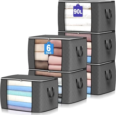 90L Large Storage Bags,6 Pack,Foldable Closet Organizers for Clothing, Blanket, Comforters, Bed Sheets, Pillows and Toys (Gray)