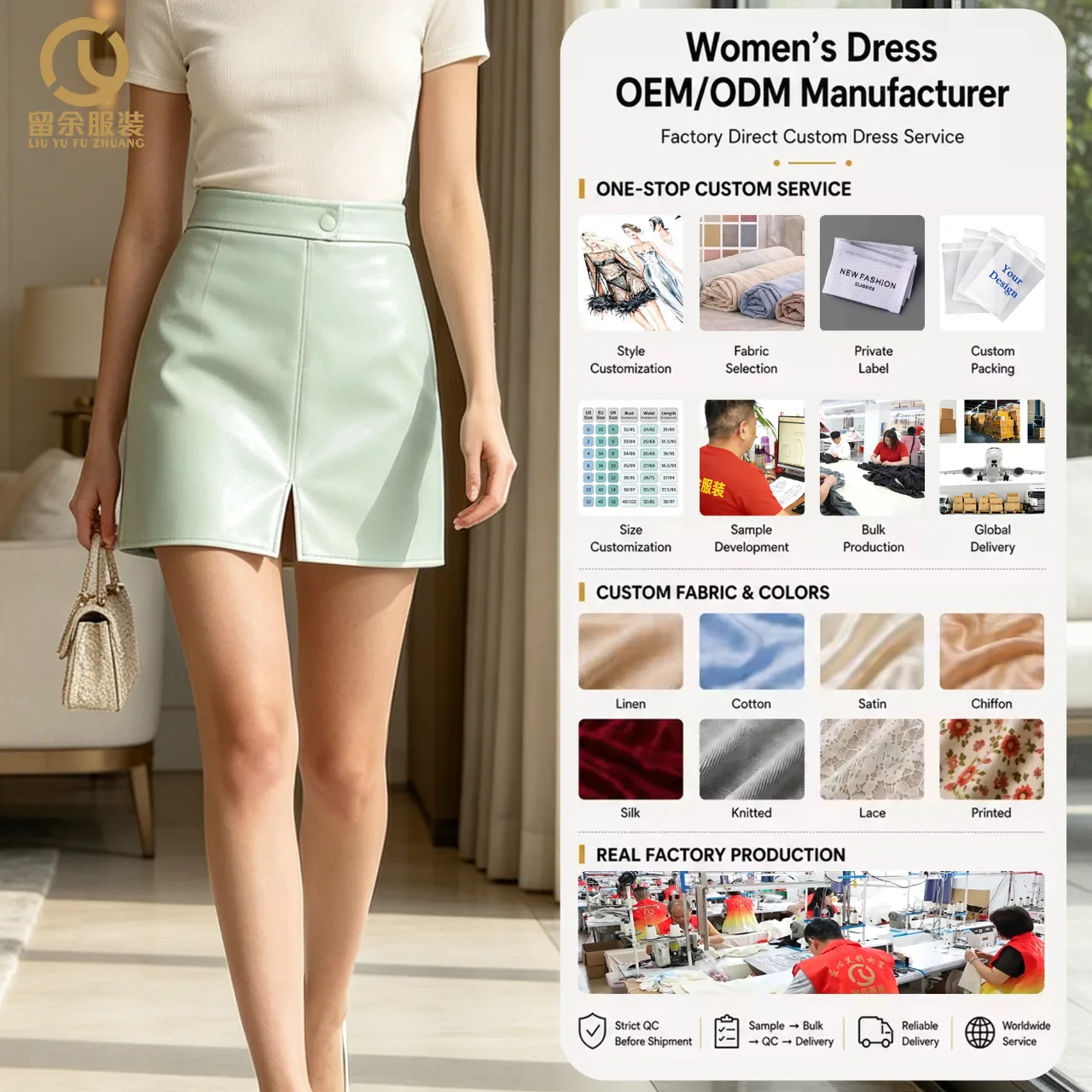 Women's Mint Green A-Line High Waist Mini Skirt Smooth Custom OEM Wholesale China Factory Exquisite Workmanship Casual
