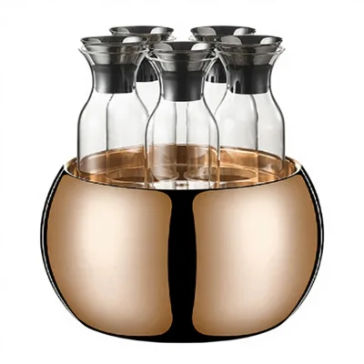 FSE 6.5L Beverage Containers Juice Dispensers with 5 Glass Bottles and Stainless Steel Base for Hotel Parties