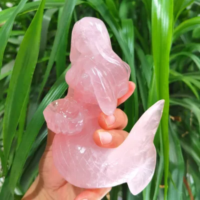 Wholesale Natural Crystals Healing Gemstone Hand Carved Rose Quartz Mermaid Crystal Carving for Gifts