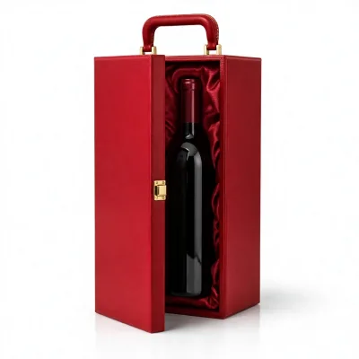 Red Custom Wine Gift Box with Handle and Ribbon for Holiday Retail