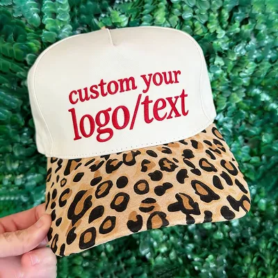 High Quality Custom Baseball Caps 5 Panel Leopard 2 Tone Cap Running Sports a Frame Trucker Dad Hats with Leopard Print Brim