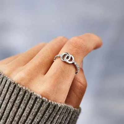 HOT Adjustable Open White Gold Plated Fashion Double Circle Love Ring With 3A Zircons Ring
