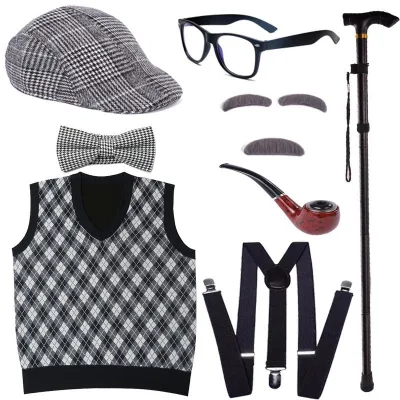 New Kids Old Man Dress up Halloween Cosplay Grandpa Costume Accessories Vest Beard Glasses Suits Carnival Party Role Play Outfit