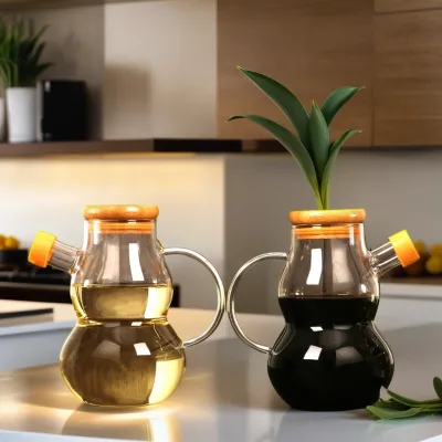 High Borosilicate Gourd Shaped Cooking Oil Glass Pitcher with Wood Lid and Dust Cover Eco-friendly Seasoning Jar