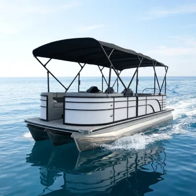 Single Layer Pontoon Boat Elegant Floating Lounge Comfortable Sofa Sunshade Lake River Vacation Relaxation
