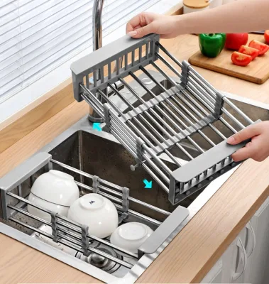 Adjustable Dish Drainer Draining Dishes & Fruit Drain Extendable Kitchen Sink Drain Basket