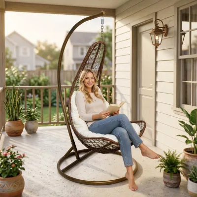 OEM/ODM Teardrop Hanging Swing Chair with Stand Custom Logo PE Rattan Egg Chair for Modern Apartment Balcony Business