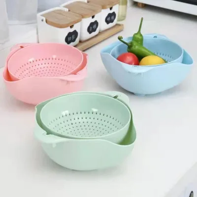 Multi-Functional Double Layer PP Colander Set Rotating Fruit Veggie Drainer Basket Kitchen Gadget Space-Saving Stackable