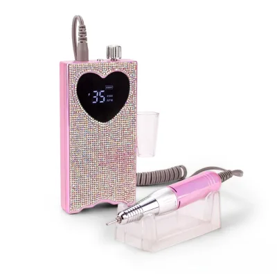 High Quality Portable Electric Nail Drill Machine Professional Nail Grinding Tool with Pink Inlaid Rhinestones Made of Plastic