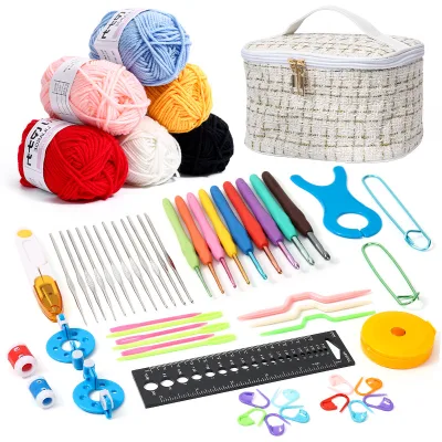 Metal Head Crochet Hook Set With Yarn Assorted Accessories Beginner Entry DIY Hand Knitting Material Kit for Handmade Crafts