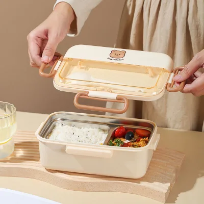 304 Stainless Steel Insulated Japanese Two-Compartment Bento Lunch Box Single Layer Utensils Spoon School Office Workers