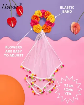 Hstyle 2025 Hot Sell Pom Flower Bachelorette Bridal Veil Colorful Girl Headdress SD1379 for Wedding Party Decoration