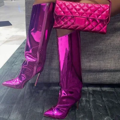 Colors Custom Women Mirror Metallic Knee High Boots Pointed Toe Stiletto Boots Calf High Long Boots for Lady High Heels Shoes