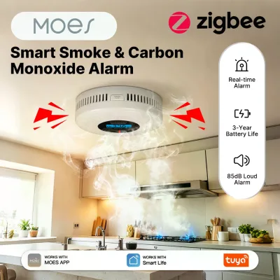 MOES Tuya Zigbee Smart Dual Sensor Smoke Carbon Monoxide 85dB Sound Alarm Gas Leak Home Safety APP Remote Monitoring