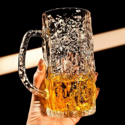 Large Capacity Creative Bark Texture Beer Cup with Handle Thickened Glass Draft Beer Mug Simple Household Glass Cup