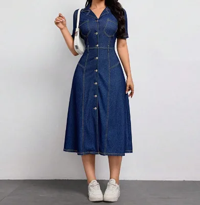 High Quality Summer Simple Midi Denim A-line Slim Short Sleeve Turn-down Collar Button Women Casual Office Lady Dress Front