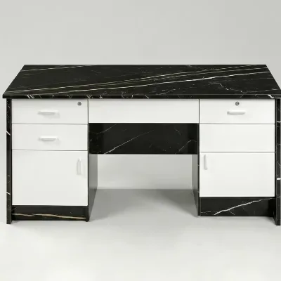Trendy Modern Hot Sale Gold Line Rock Surface Wood Office Desk Wide Flat Desktop Easy Assembly Full Symmetric Storage Work Table
