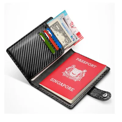 Customized Logo Multifunctional Carbon Fiber PU Passport Holder with Black Buckle and Chains Portable Travel Accessory