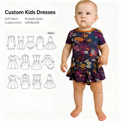 OEM Custom Printed Toddler Girls Ruffle Hem Romper Dress Multiple Styles Round Neck Short Sleeve Ruffle Kids Dress Jumpsuit