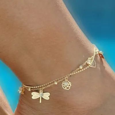 Europe Summer New Arrival Simple Design Double Layers Anklet Gold Plated Leaf Dragonfly Butterfly Rose Shell Chain Anklet
