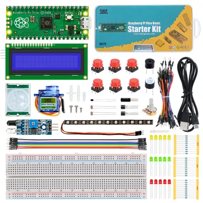 Raspberry Pi Pico Basic Starter Kit with Breadboard I2C 1602 LCD Display Module, 9g Mirco Servo for Raspberry Pi Pico