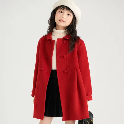 Latest Design Girls Double-sided Cashmere Coat Autumn Winter 100% Wool Girls Fashion Red Christmas Coat