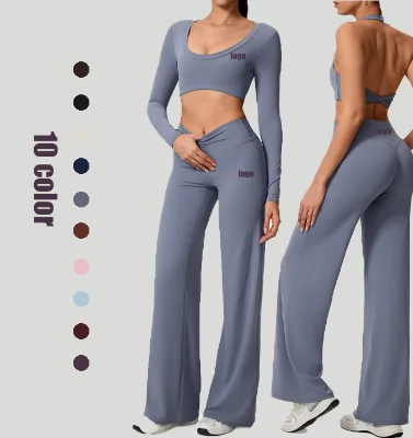 Twist Back U Neck  Wide Leg Yoga Fitness Set Halter Neck v Back Crothless Women's Yoga Set 2-Piece Yoga Set