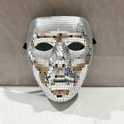 Disco Ball Mirror Mask Silver Mosaic Full Face Mask for Halloween Rave Party