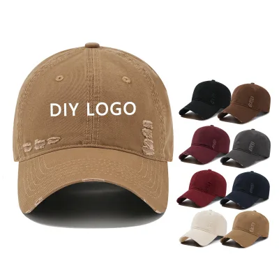 New Wholesale Custom Hole Washed Cotton Baseball Cap Men's Retro Old Sun Hat Summer High Quality Soft Top Cap