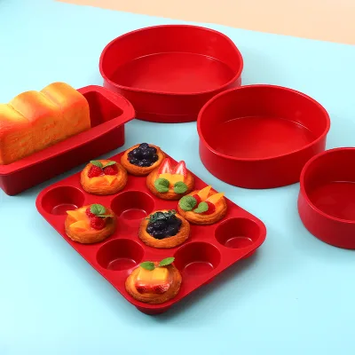 Red Silicone Gel Baking Set Five Pieces Muffin Cup Mold Bread/Toast Pan Round 6- and 8-Inch Cake Pans and Cups