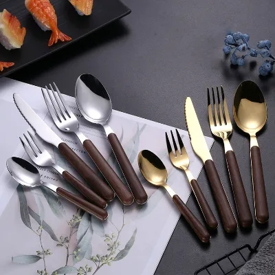 Round Wooden Texture Plastic Handle Antique Golden Stainless Steel Flatware Spoon and Fork Coffee Set