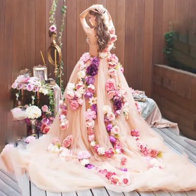 NDB10037 Quinceanera Dress Gowns V-neck Off-Shoulder Sleeveless Backless Small Trailing 3D Colored Flowers Chiffon Elegant