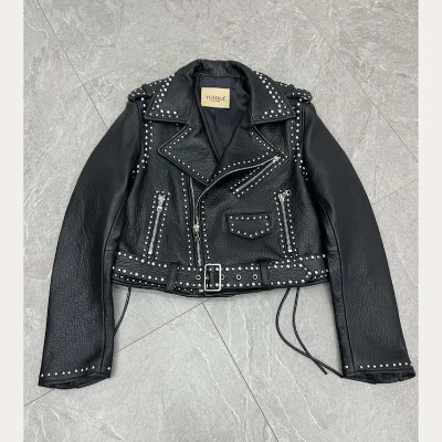 2026 Spring Autumn New Women's Sheepskin Moto Jacket Heavy-duty Rivet Slim Short Leather Outerwear